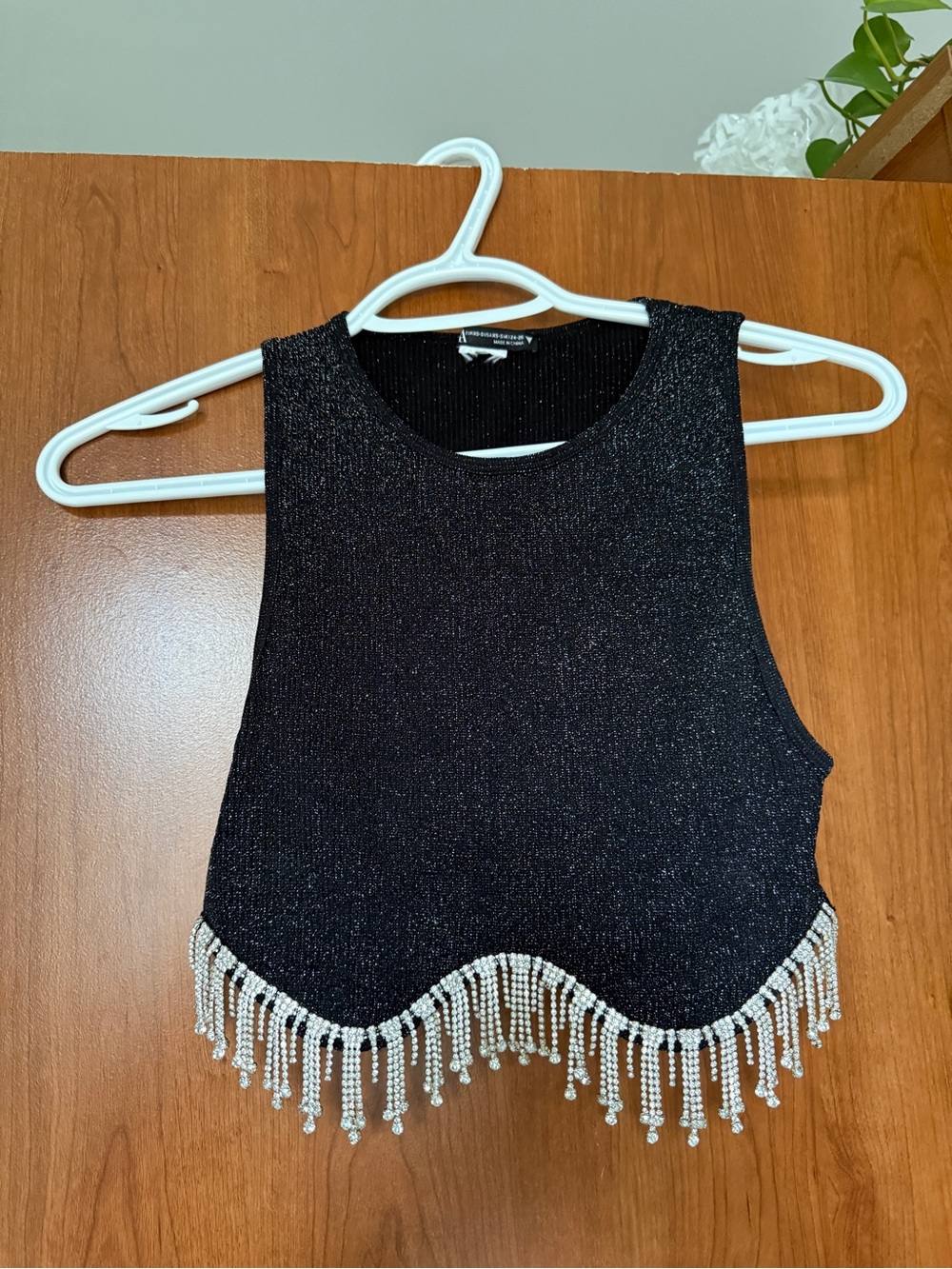 Zara Black Glitter Crewneck Crop Top with Beaded Hem